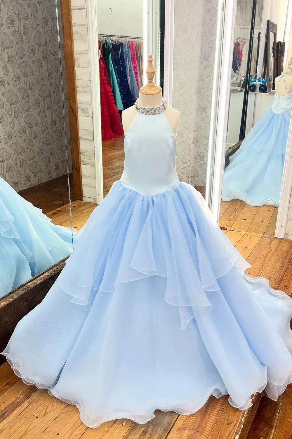 High Neck Blue Beaded Tiered Girl Pageant Dress