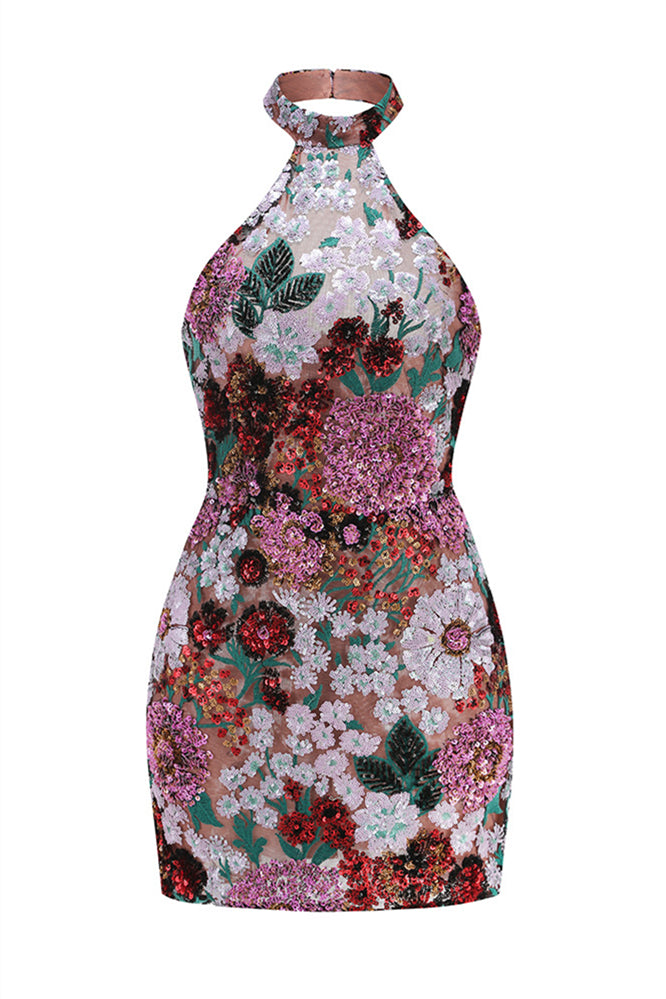 High Neck Floral Sequin A-line Short Dress