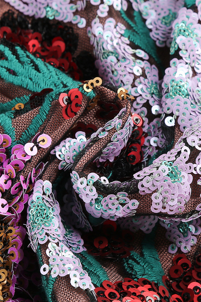 
                      
                        High Neck Floral Sequin A-line Short Dress
                      
                    