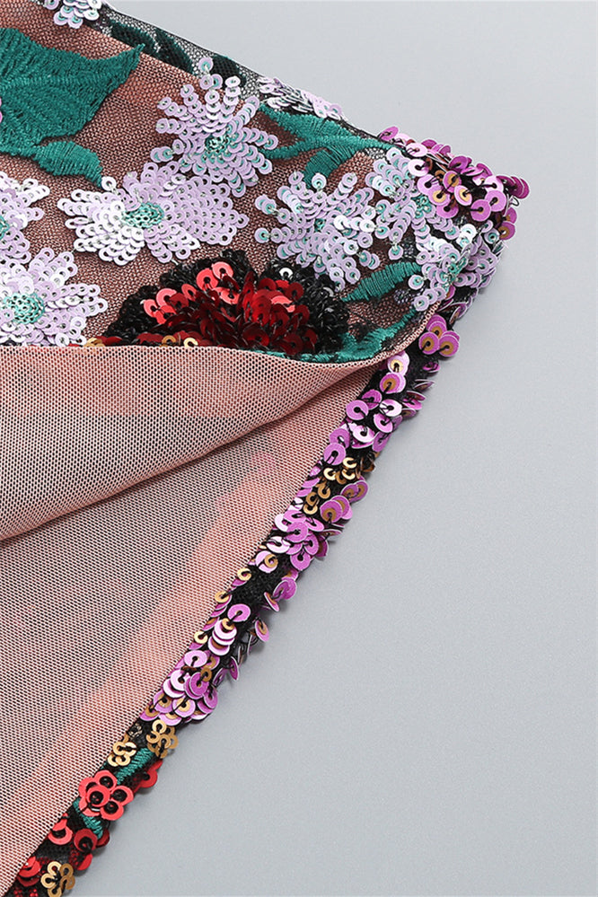 
                      
                        High Neck Floral Sequin A-line Short Dress
                      
                    