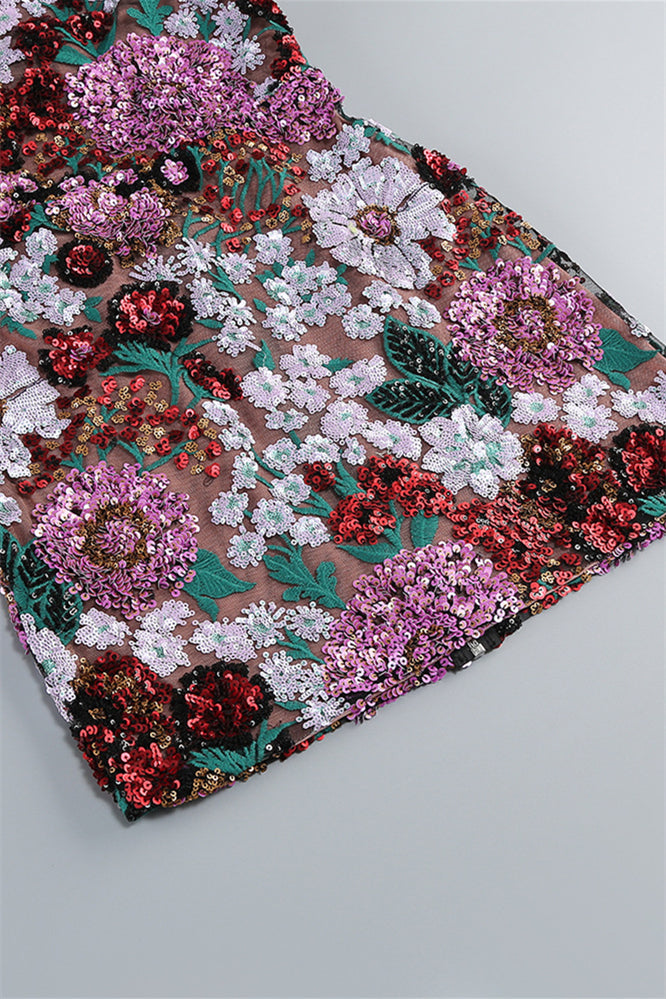 
                      
                        High Neck Floral Sequin A-line Short Dress
                      
                    