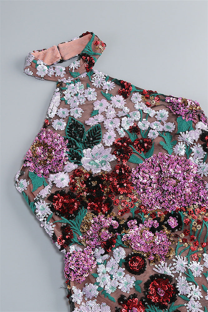 
                      
                        High Neck Floral Sequin A-line Short Dress
                      
                    