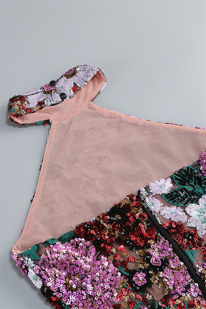 
                      
                        High Neck Floral Sequin A-line Short Dress
                      
                    