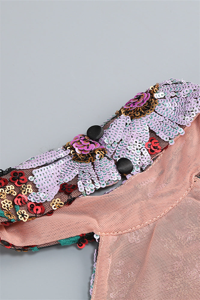 
                      
                        High Neck Floral Sequin A-line Short Dress
                      
                    