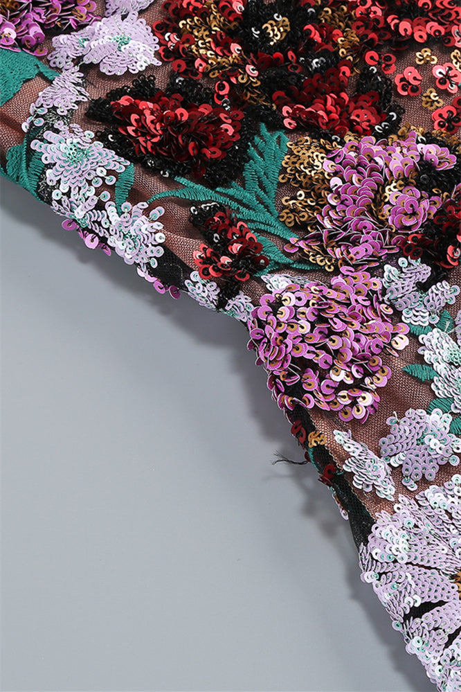 
                      
                        High Neck Floral Sequin A-line Short Dress
                      
                    