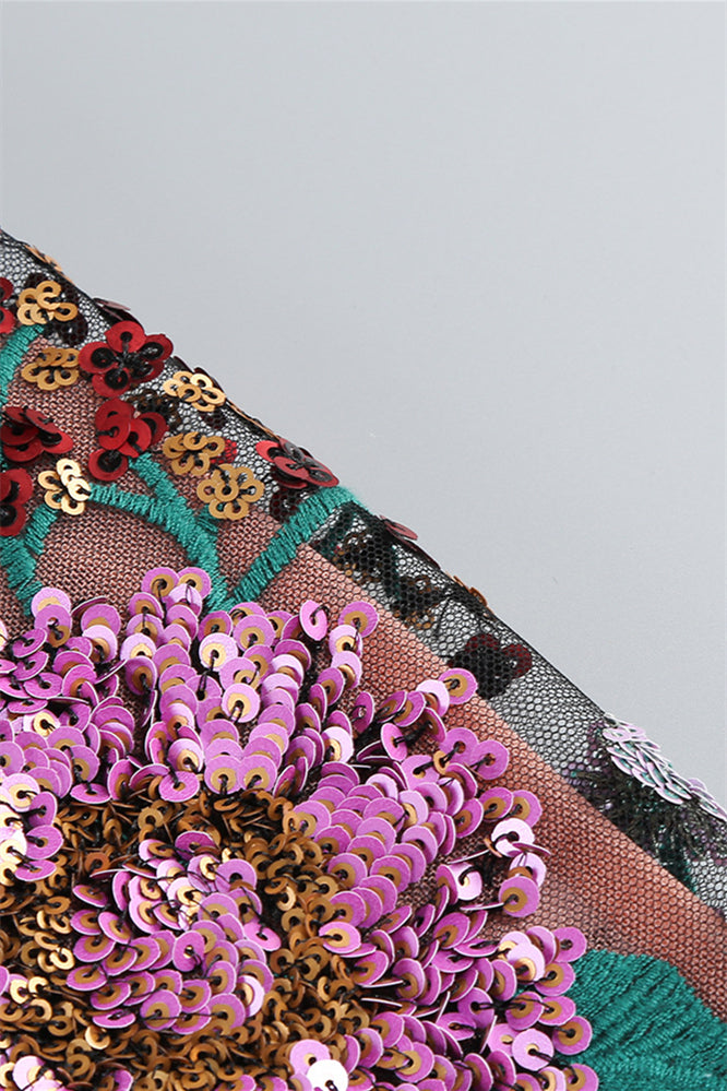 
                      
                        High Neck Floral Sequin A-line Short Dress
                      
                    