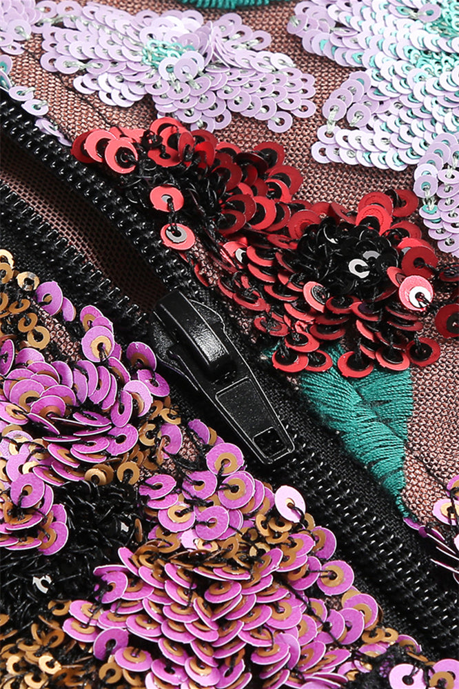 
                      
                        High Neck Floral Sequin A-line Short Dress
                      
                    