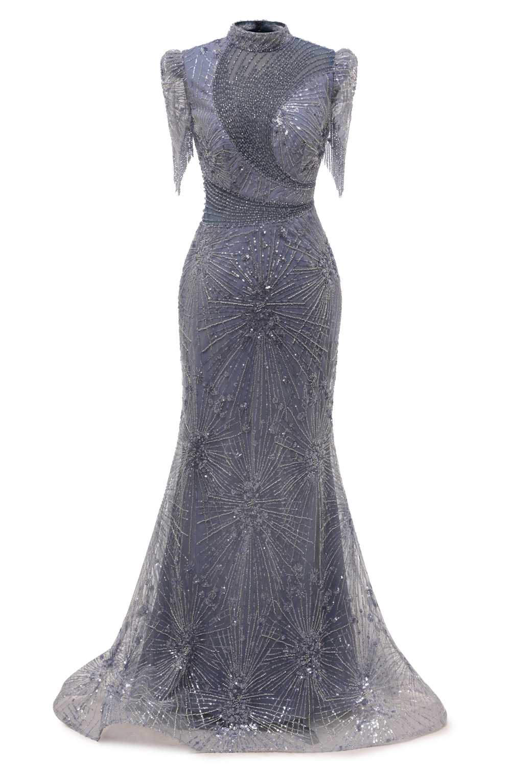 High Neck Grey Beaded Mermaid Long Dress