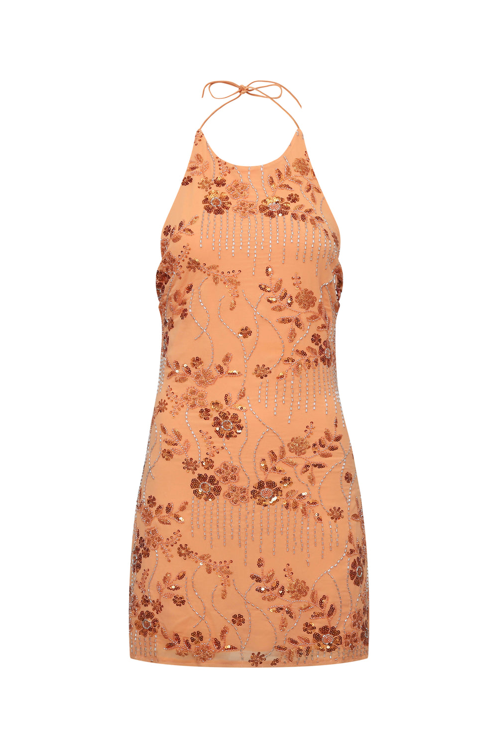 High Neck Orange Beaded A-line Short Dress