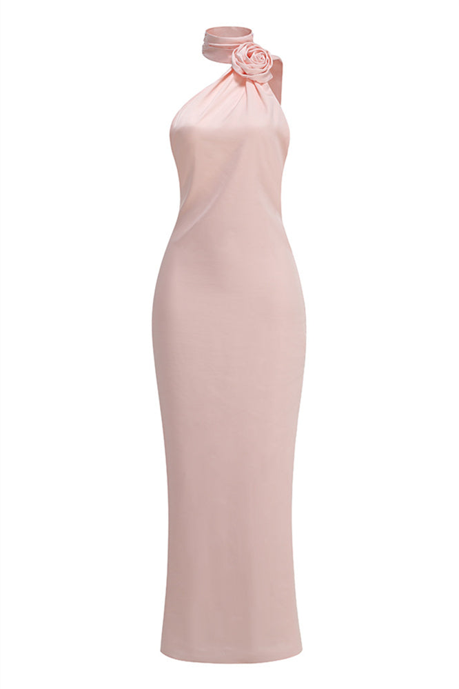 High Neck Pink Draped Maxi Dress with Rosette