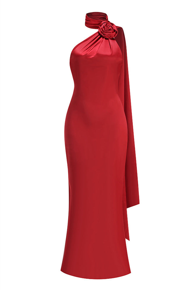 
                      
                        High Neck Pink Draped Maxi Dress with Rosette
                      
                    