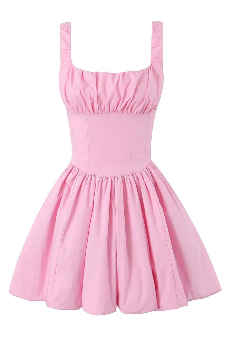 High Waist Pink Ruched Short Summer Dress