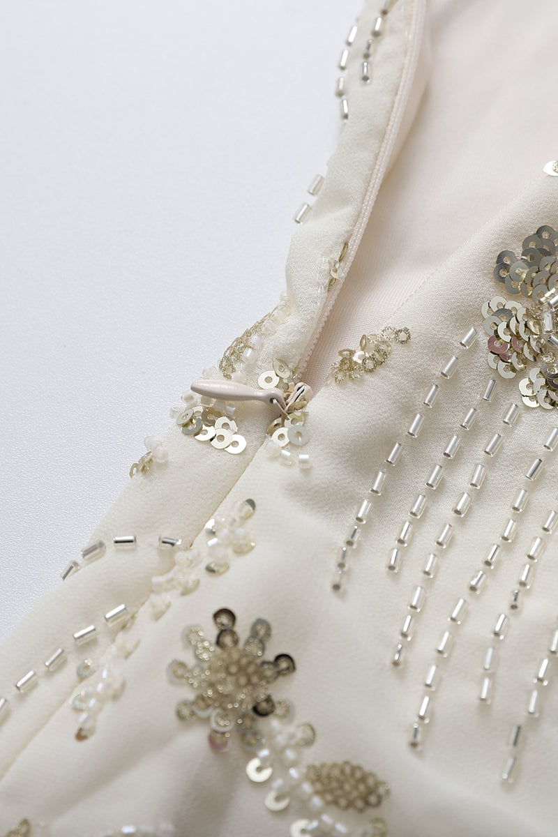 High Neck Champagne Beaded A-line Short Dress