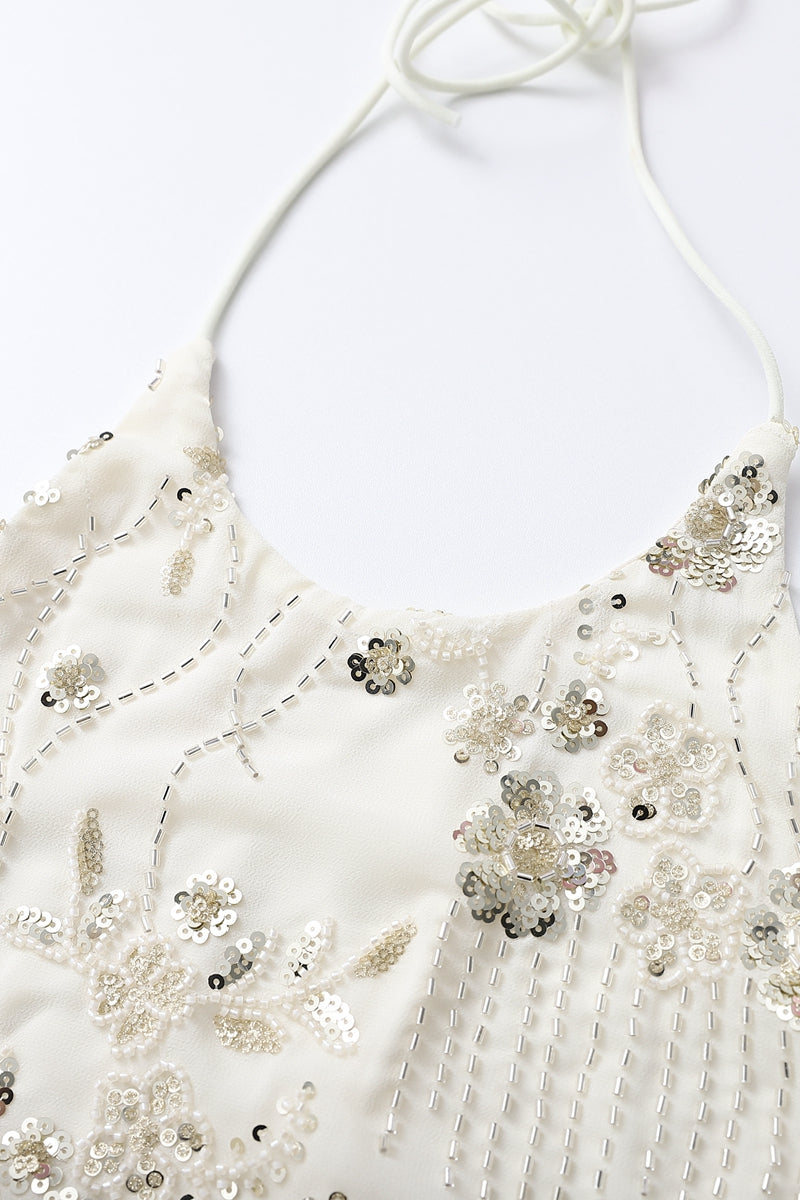 High Neck Champagne Beaded A-line Short Dress