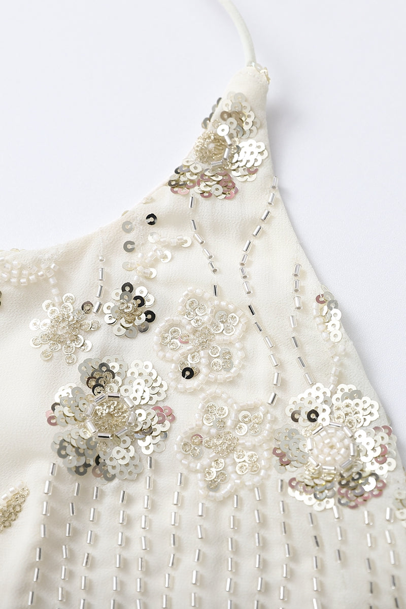 High Neck Champagne Beaded A-line Short Dress