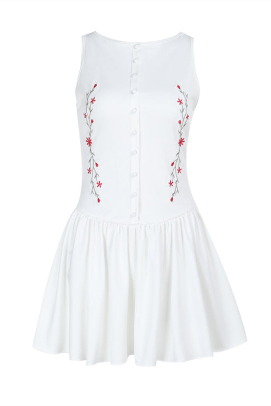 High Neck White Embroidery A-line Short Dress