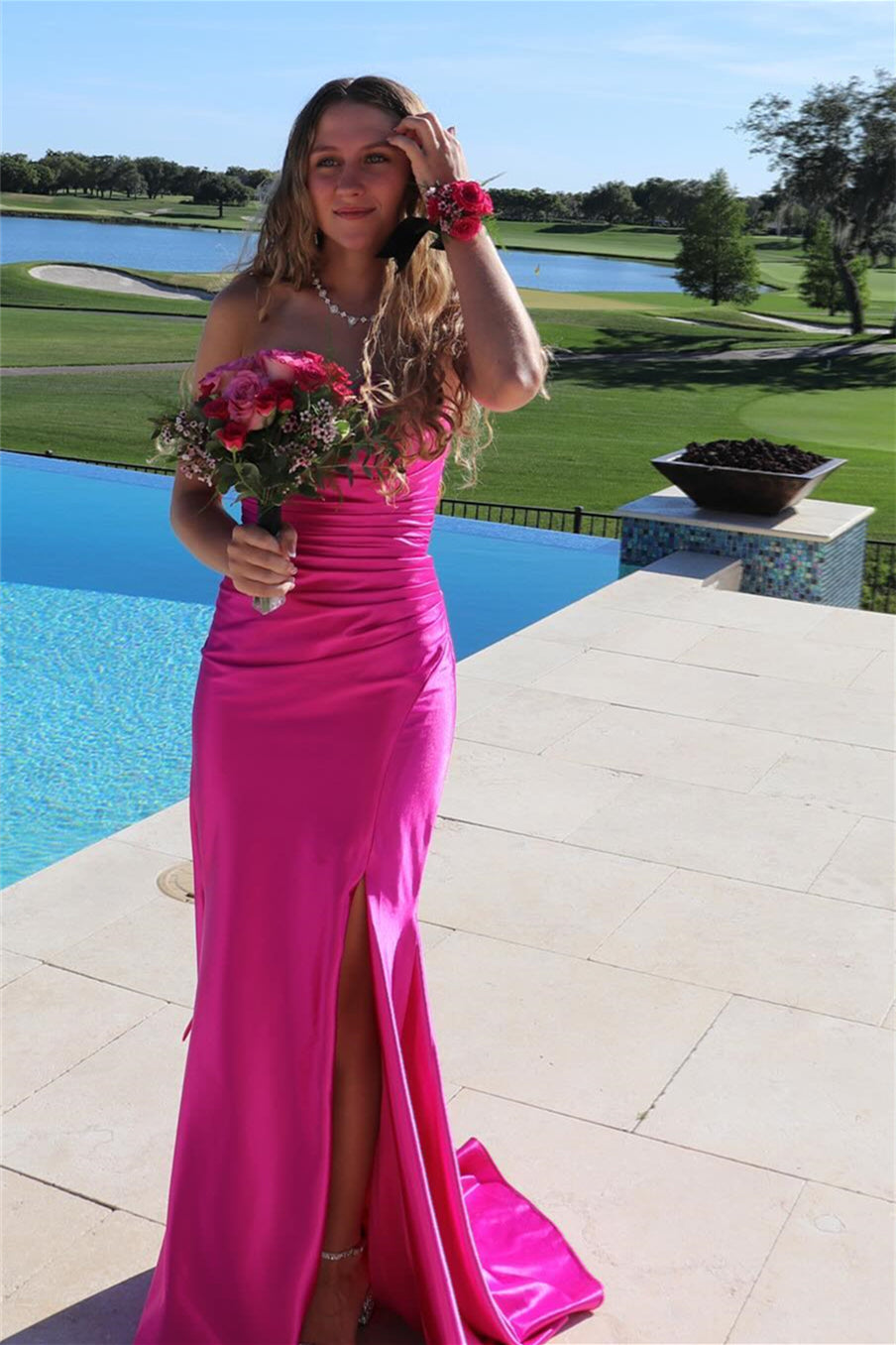 Hot Pink Appliques Neck Mermaid Long Dress with Slit