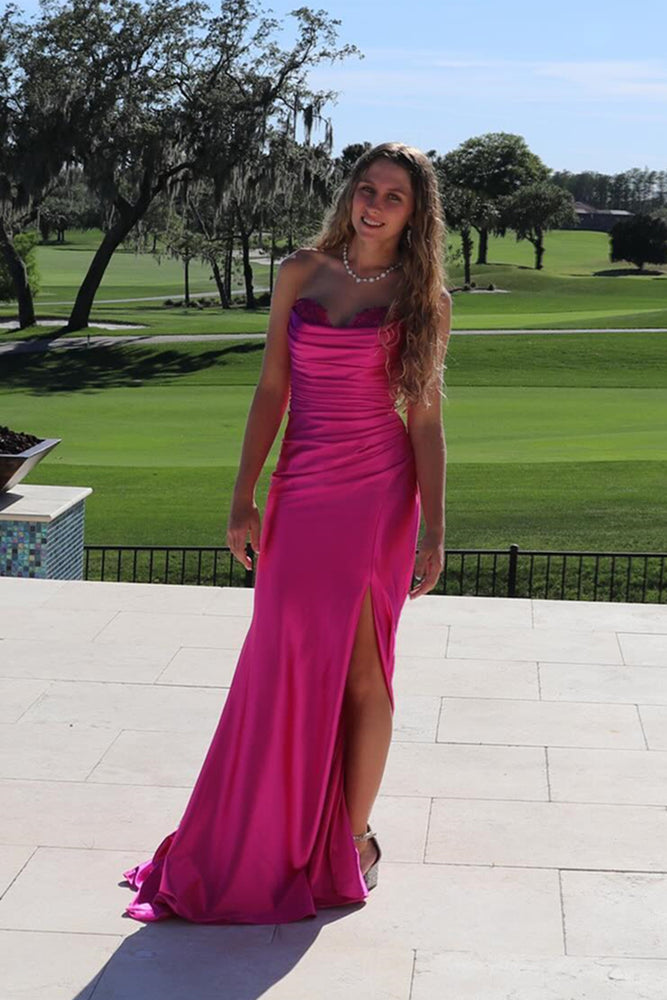 
                      
                        Hot Pink Appliques Neck Mermaid Long Dress with Slit
                      
                    