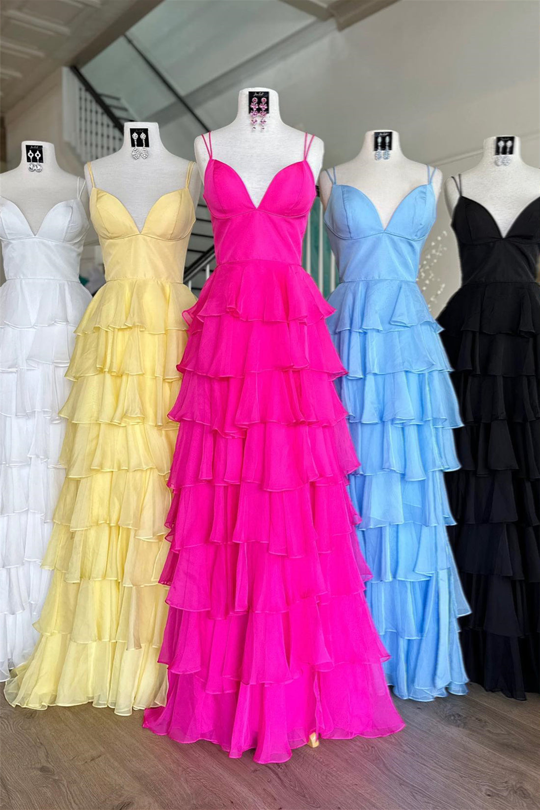 12858 Yellow Tiered Chiffon Dress