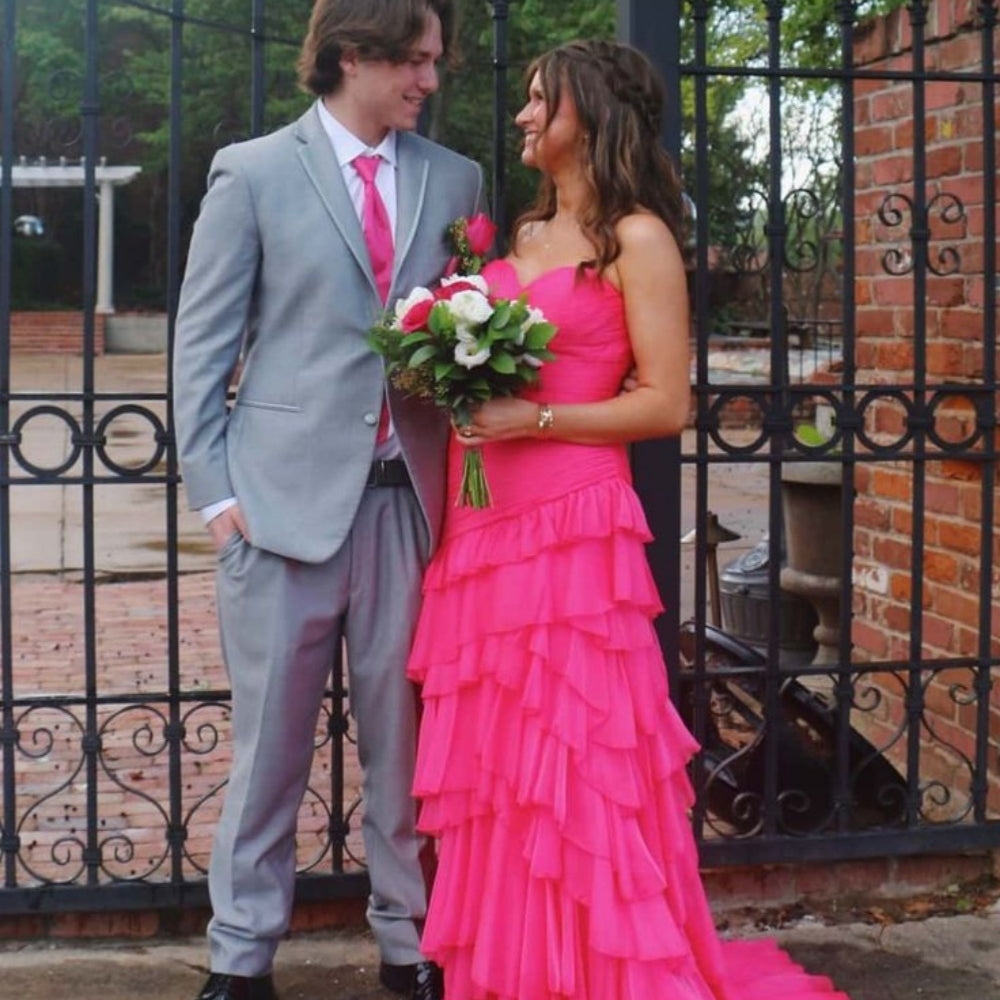 
                      
                        Strapless Yellow Ruffle Tiered Long Dress with Slit
                      
                    