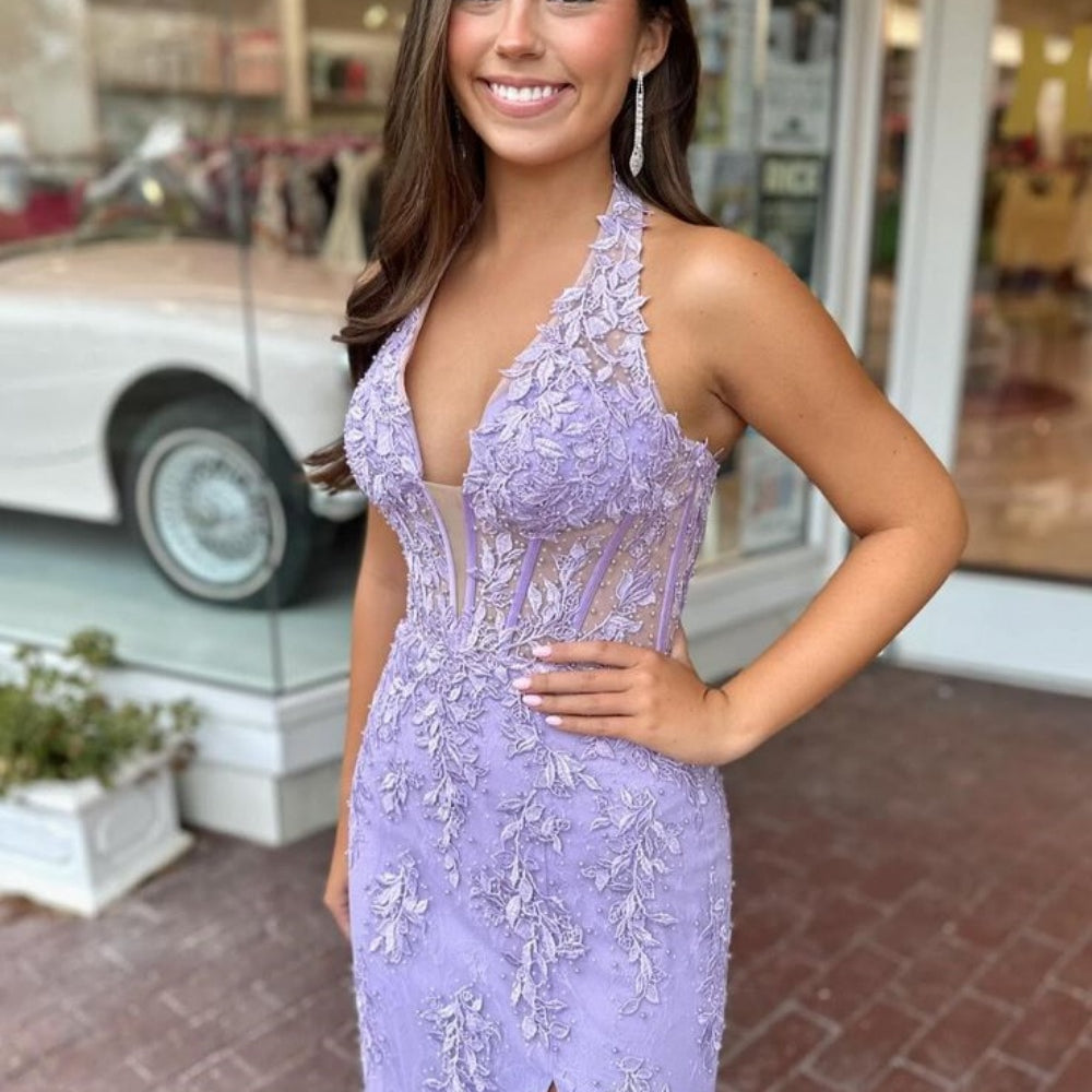 
                      
                        Halter Pink Appliques Mermaid Long Dress with Slit
                      
                    