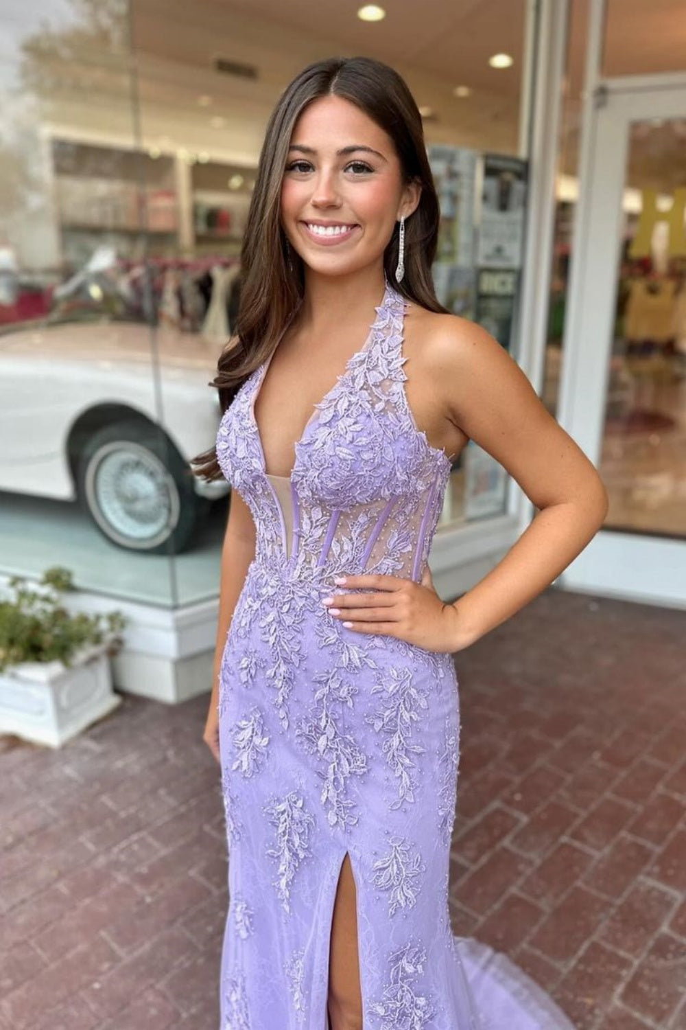 Halter Pink Appliques Mermaid Long Dress with Slit