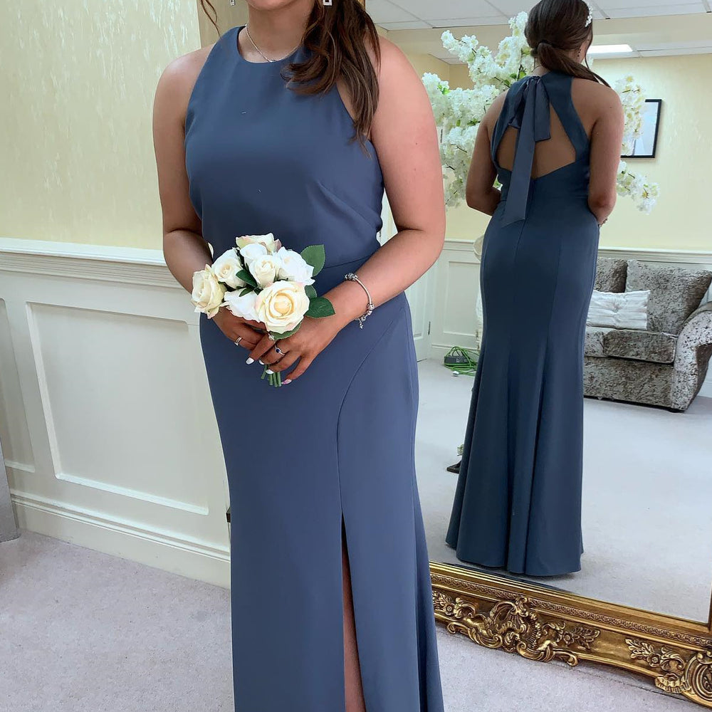 
                      
                        Larkspur Blue Back Bow Bridesmaid Dress with Slit
                      
                    