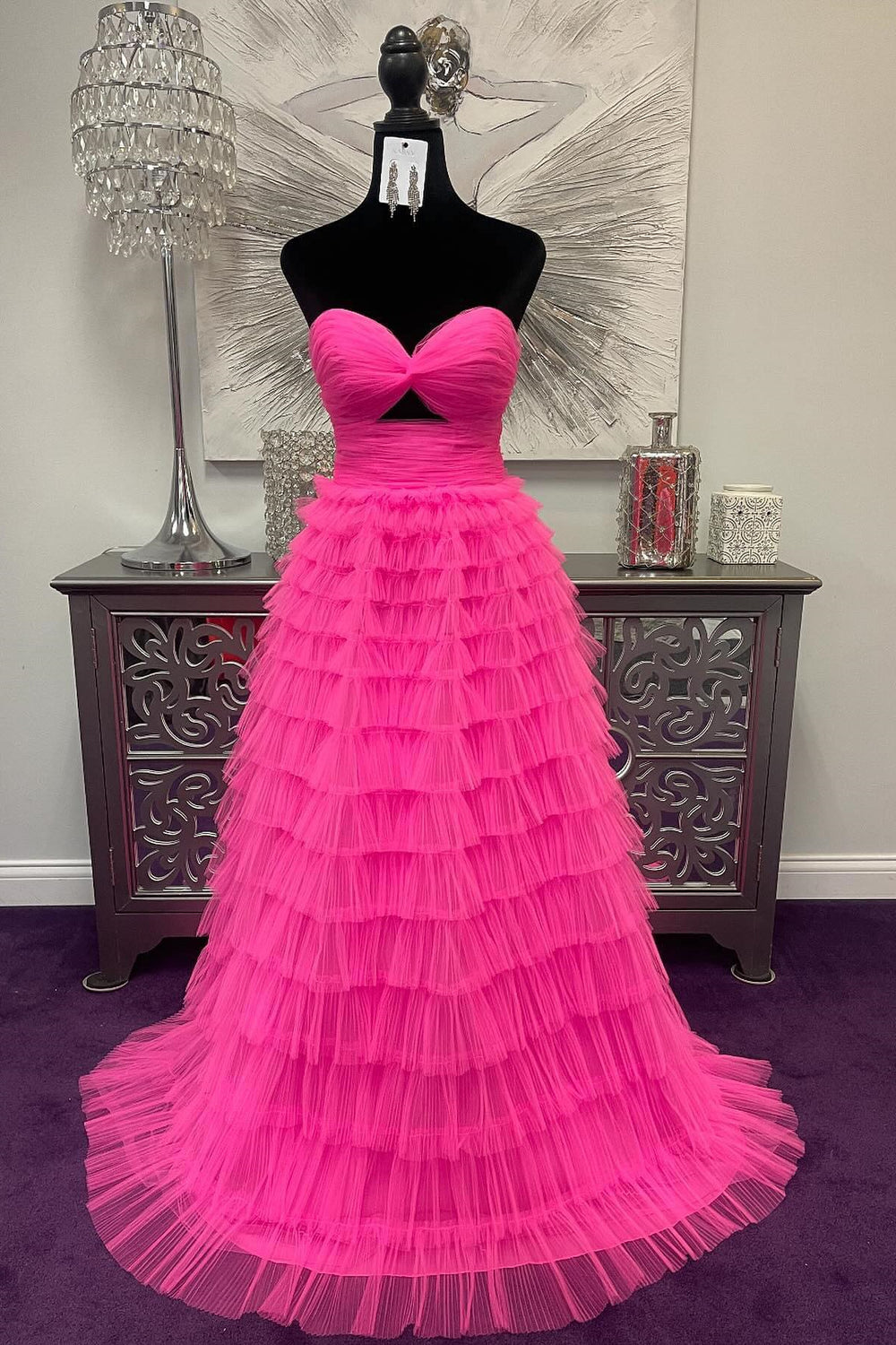 Knotted Hot Pink Tiered Ruffles Long Formal Dress