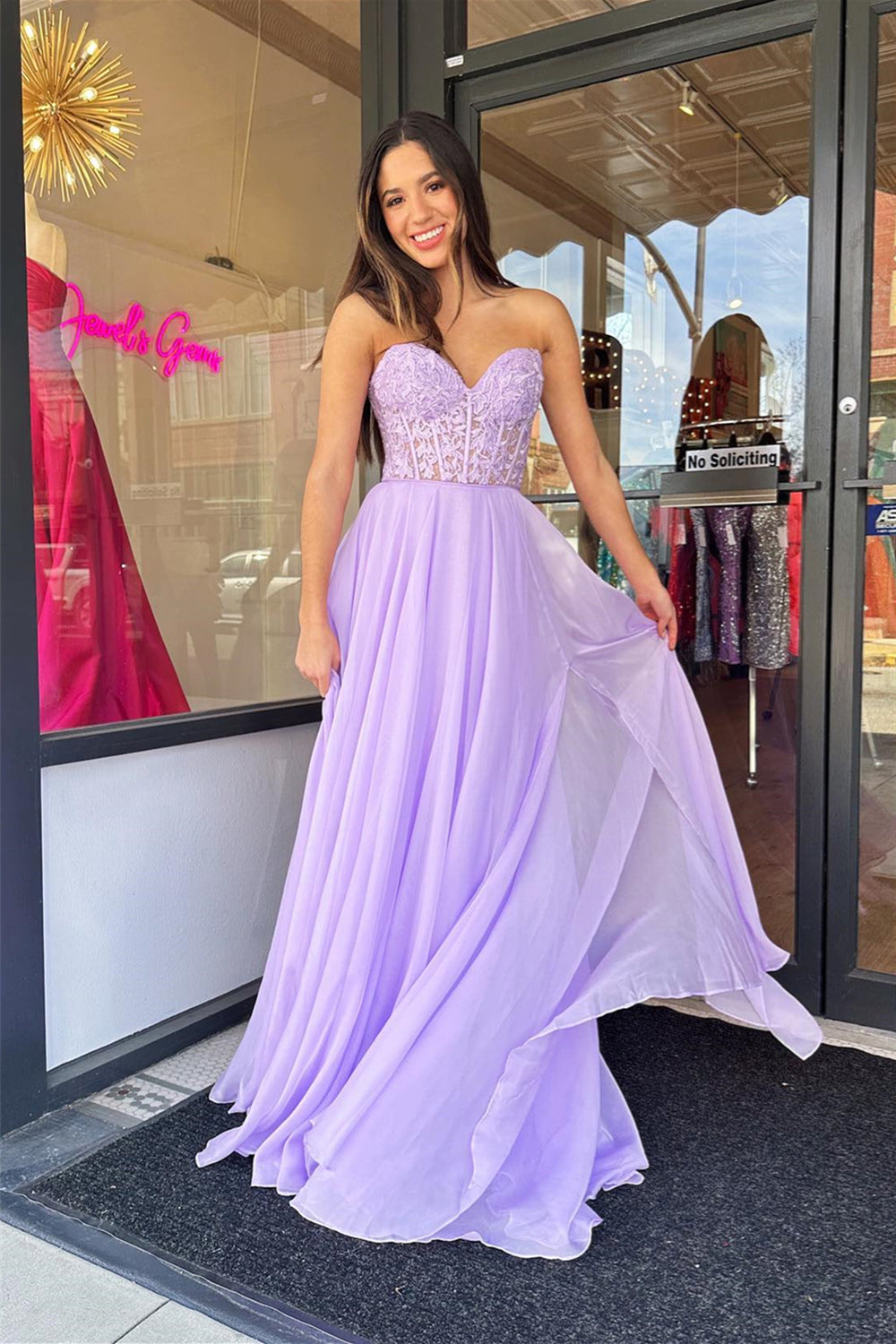 Lavender Appliques Long Dress with Detachable Sleeves