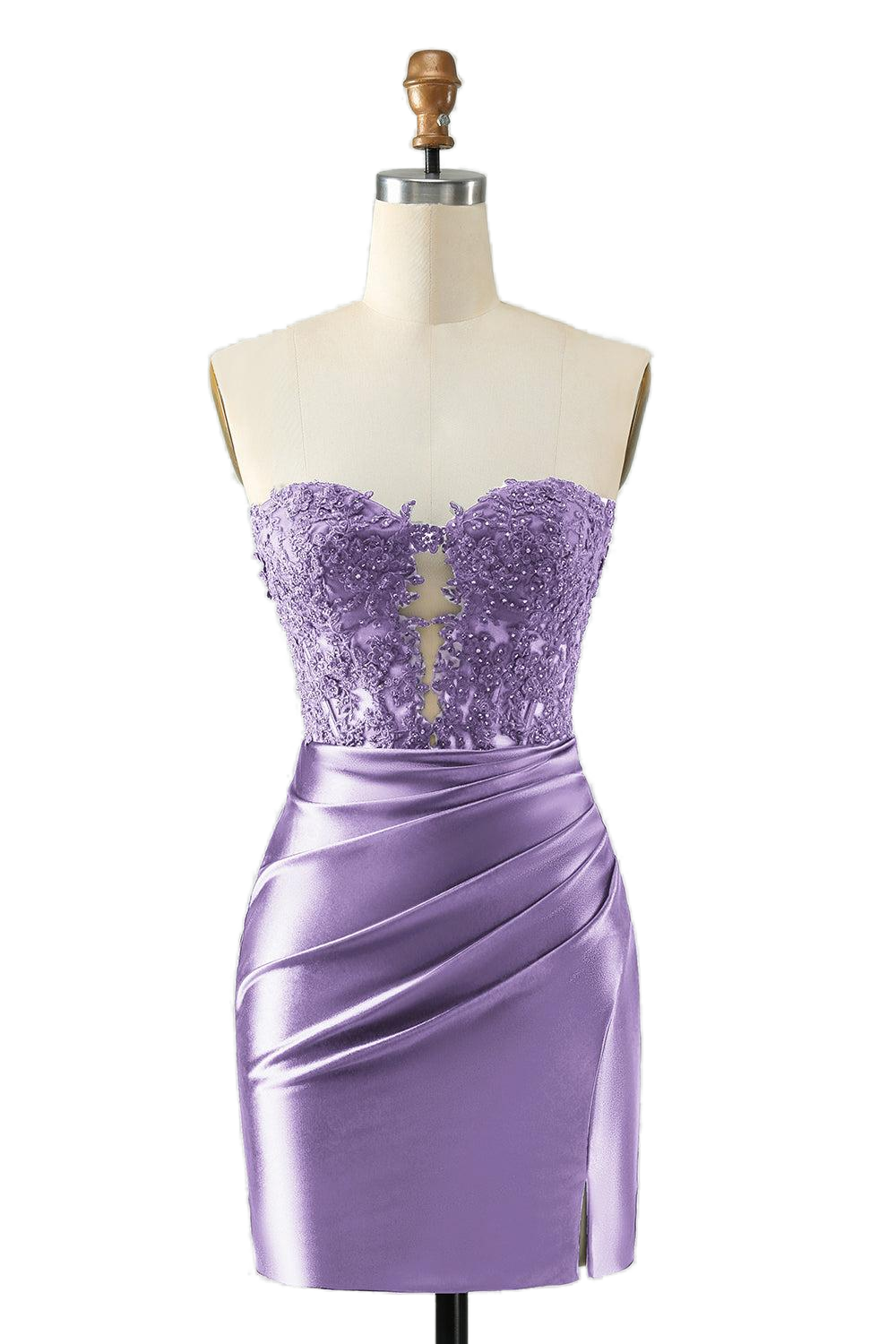 Lavender Appliques Ruched Bodycon Short Dress