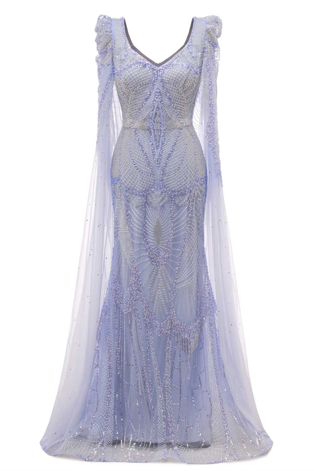 Lavender Beaded Long Dress with Cape Sleeves