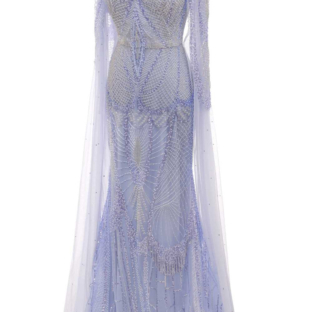 
                      
                        Lavender Beaded Long Dress with Cape Sleeves
                      
                    