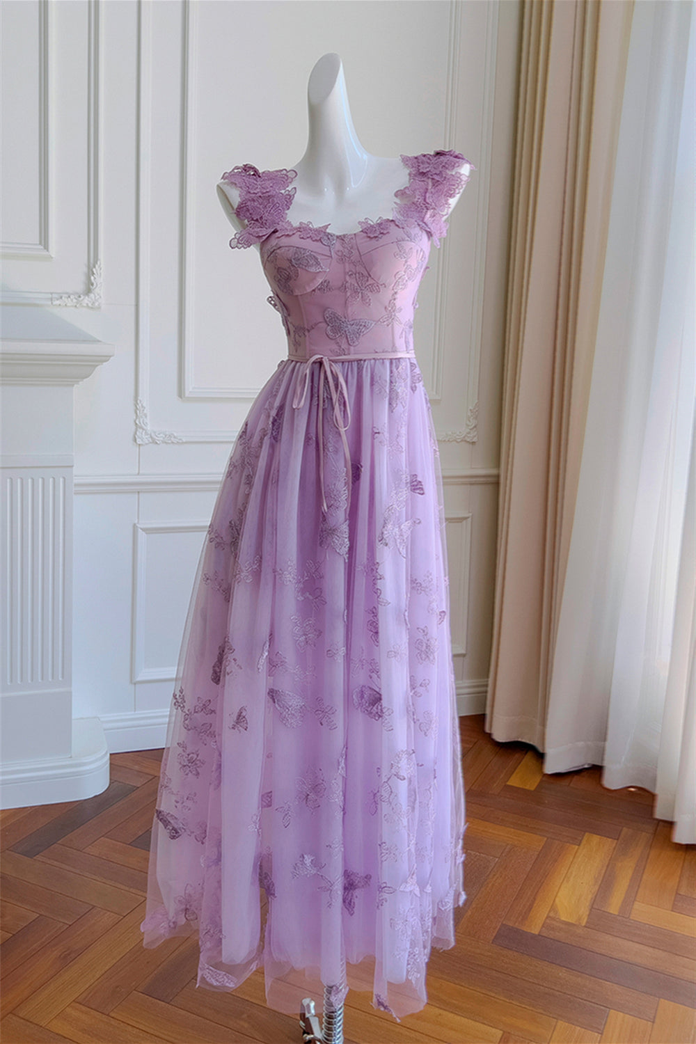 Lavender Butterfly Embroidery Long Dress with Slit