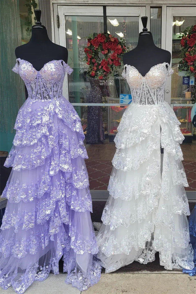 
                      
                        Off the Shoulder Lavender Ruffles Sequin Long Dress
                      
                    