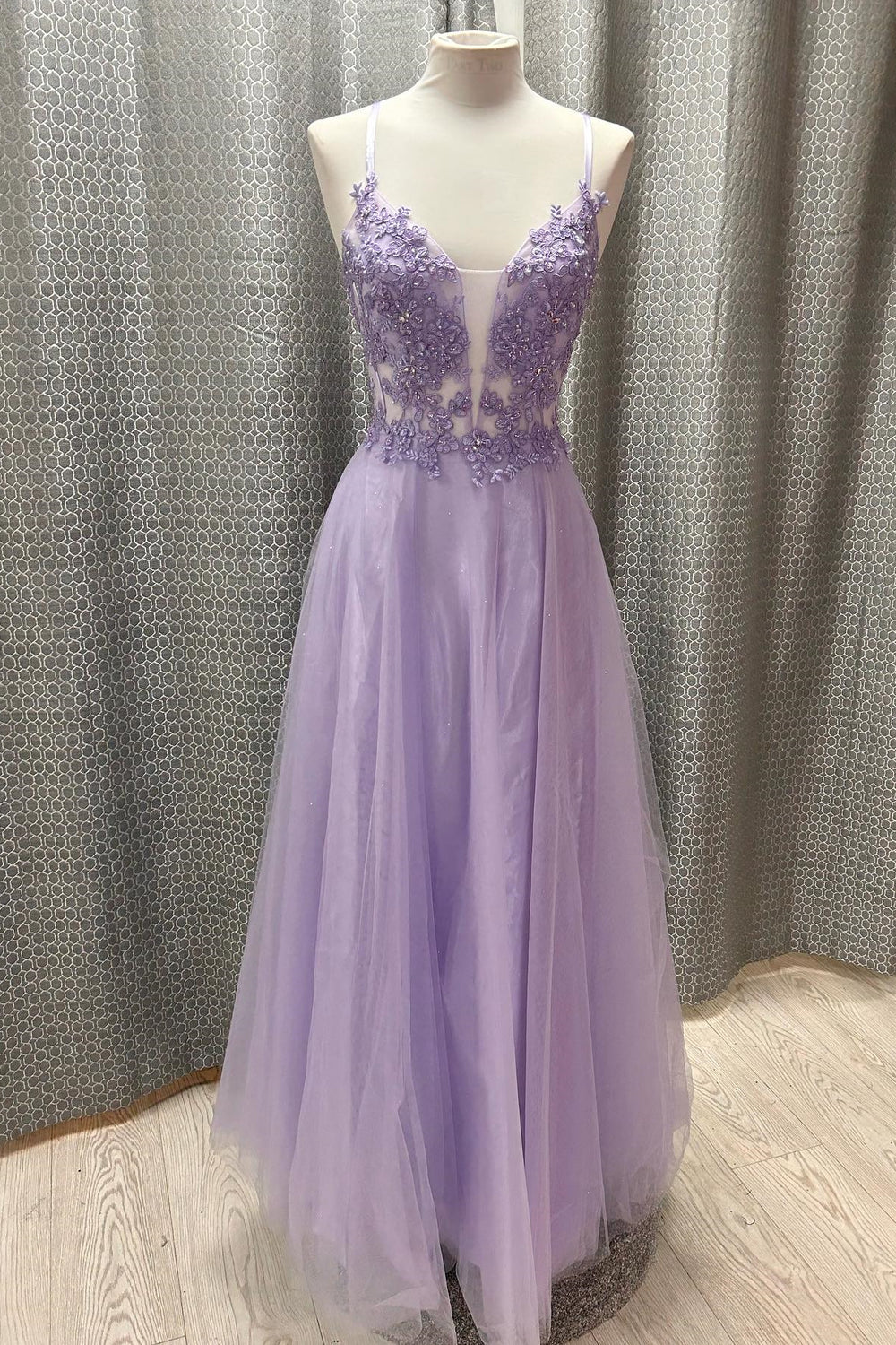 Lavender Corset Lace Appliques Long Formal Dress