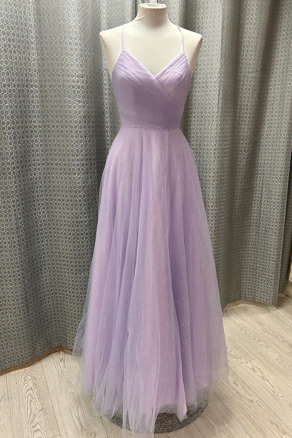 Lavender Sparkle Tulle Ruched Long Formal Dress