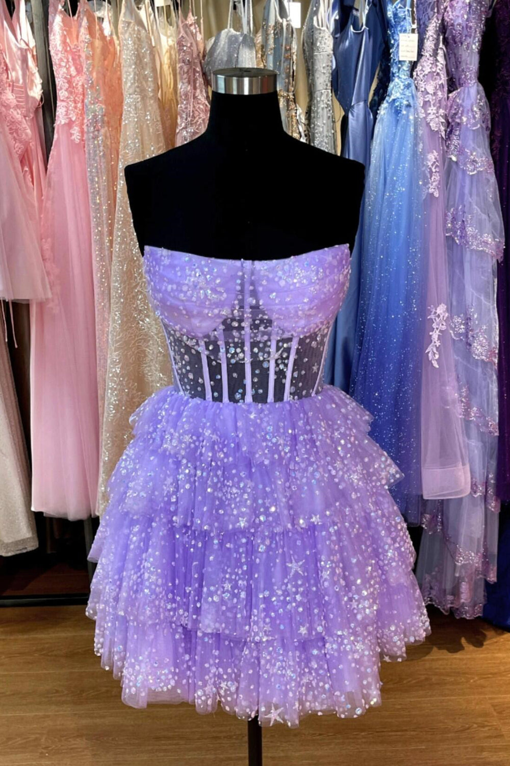 Lavender Sparkle Tulle Tiered Short Party Dress