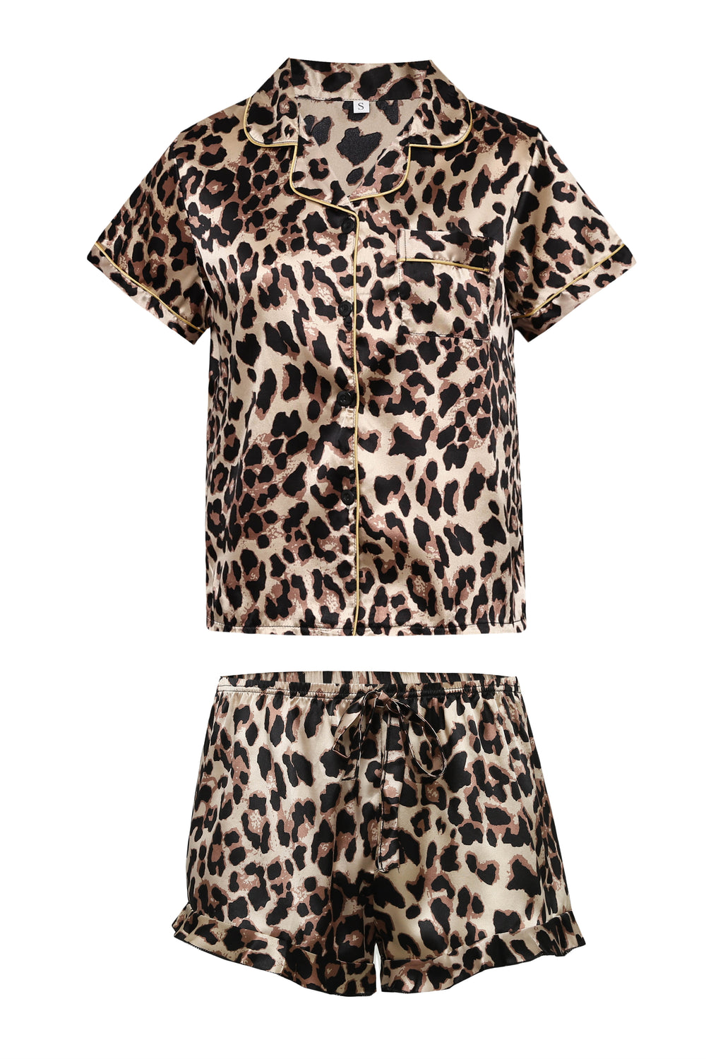 Leopard Striped Ruffled Satin Two-Piece Pajama Set