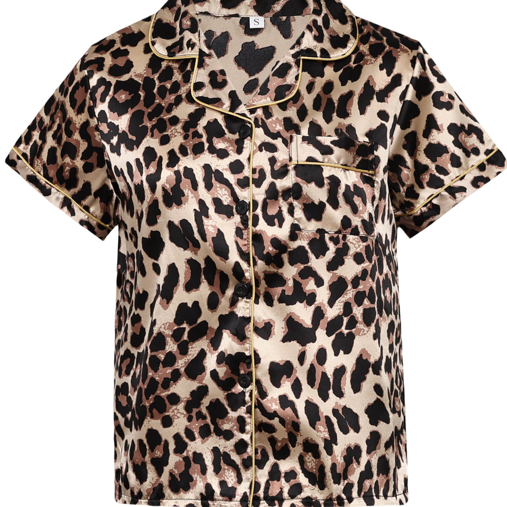 
                      
                        Leopard Striped Ruffled Satin Two-Piece Pajama Set
                      
                    