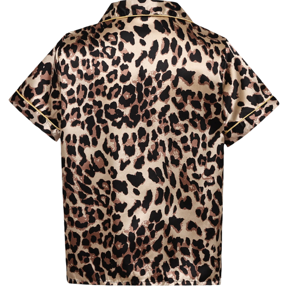 
                      
                        Leopard Striped Ruffled Satin Two-Piece Pajama Set
                      
                    