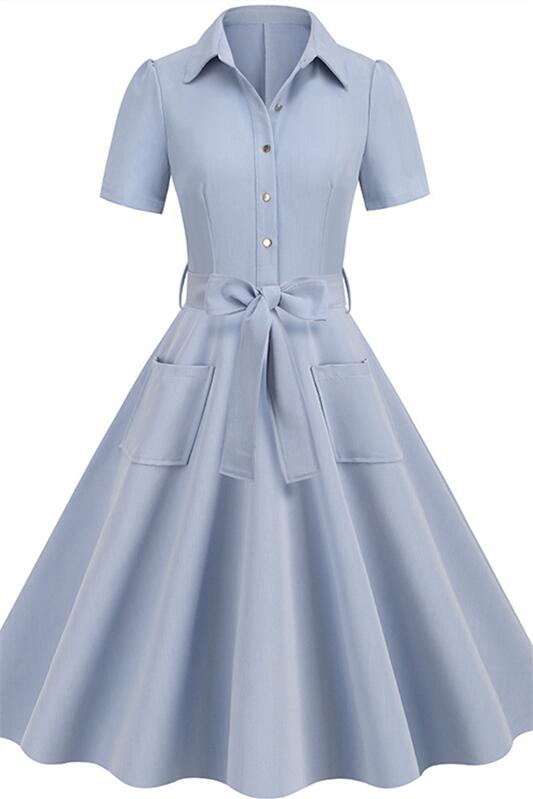 Light Blue 1950s Button Front Bow Belted Swing Dress