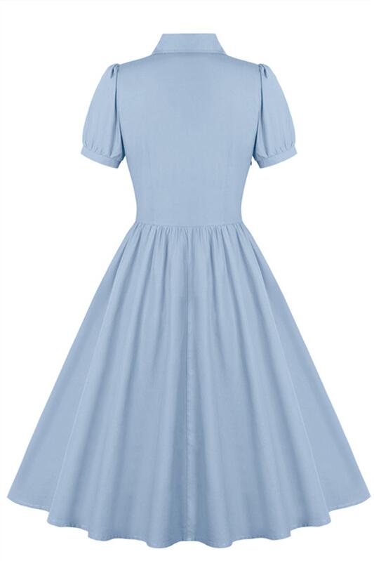 Light Blue 1950s Button Front Short Sleeve Vintage Dress