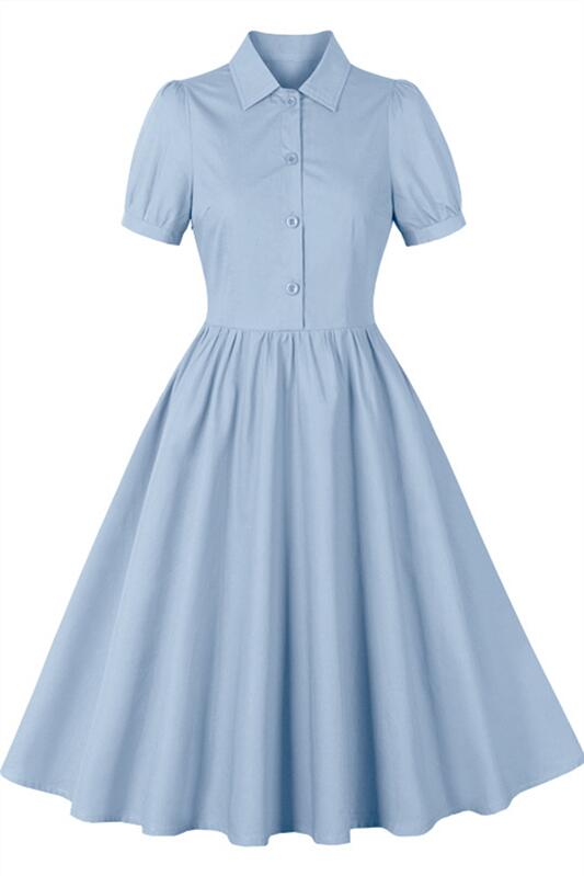 Light Blue 1950s Button Front Short Sleeve Vintage Dress