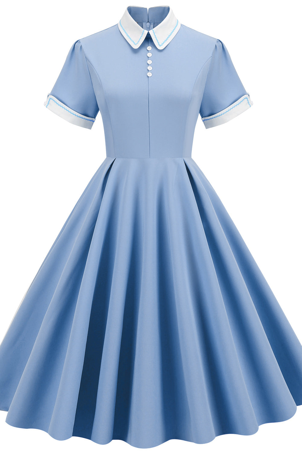 Light Blue 1950s Button Front Swing Dress with Pockets