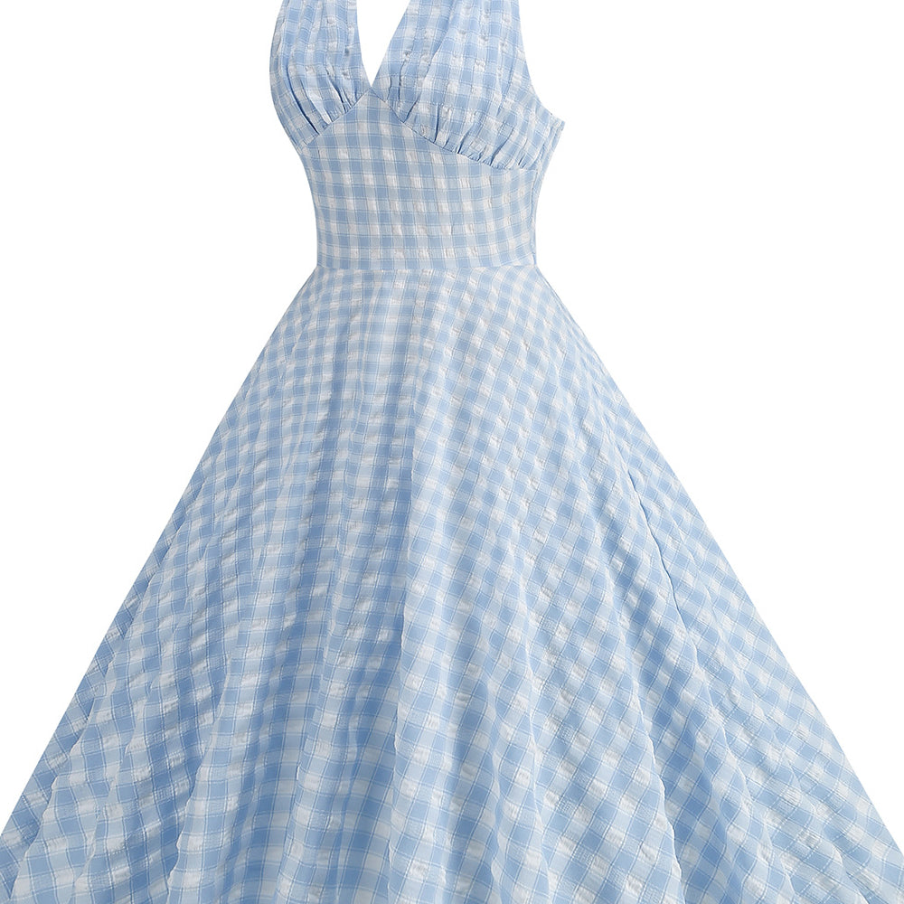 
                      
                        Light Blue 1950s Plaid Halter Big Swing Dress
                      
                    