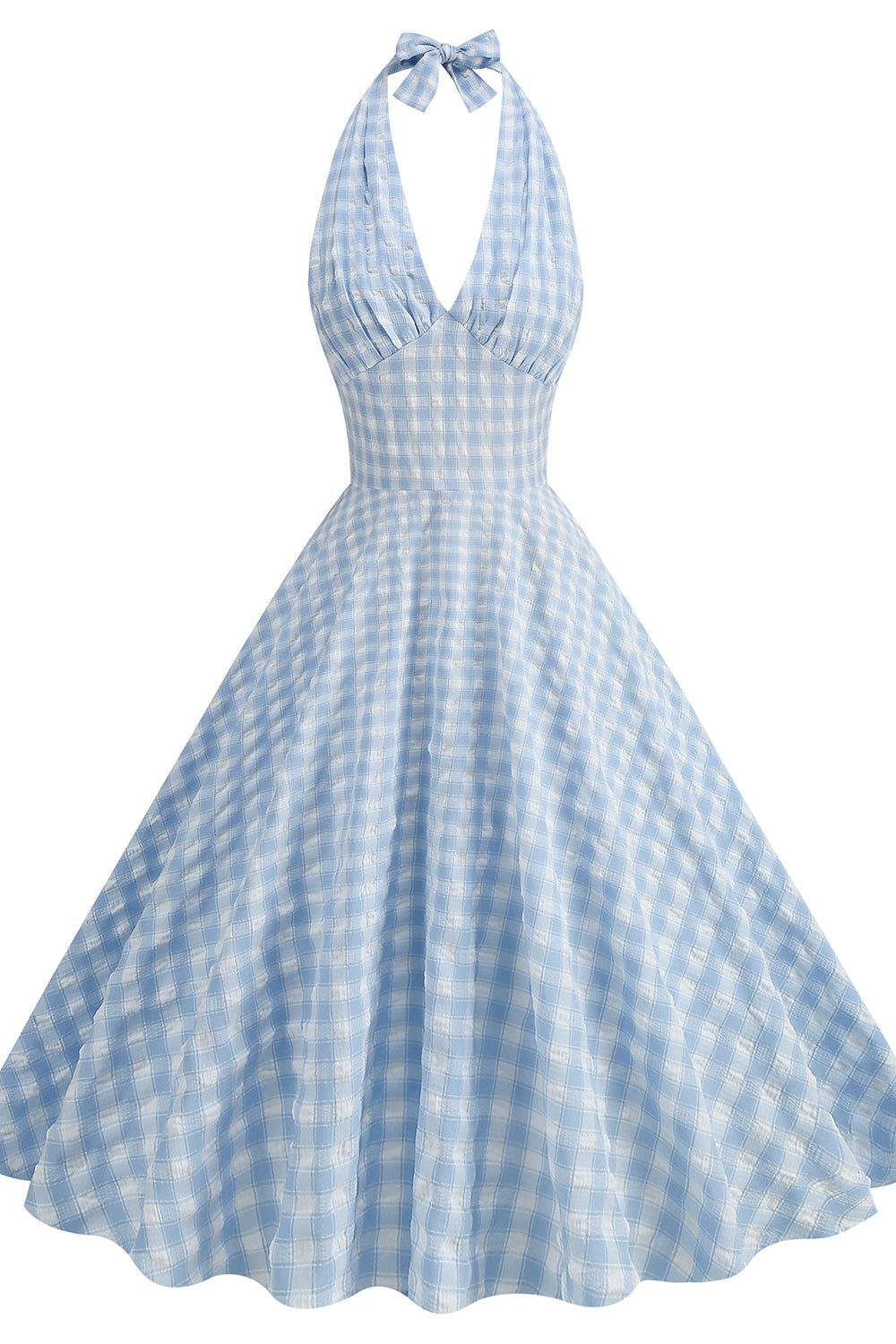 Light Blue 1950s Plaid Halter Big Swing Dress