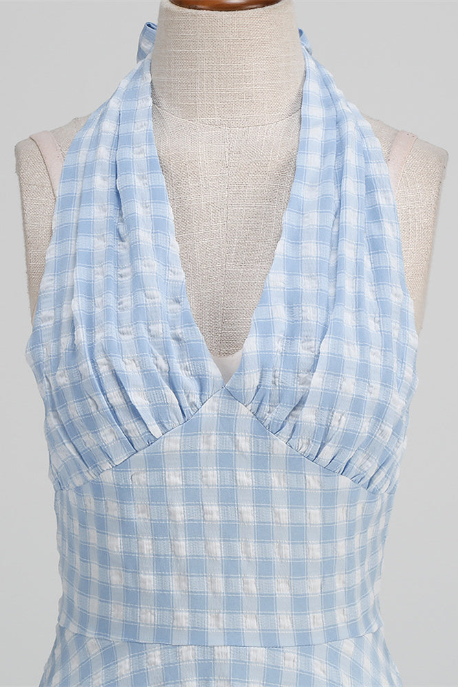 
                      
                        Light Blue 1950s Plaid Halter Big Swing Dress
                      
                    