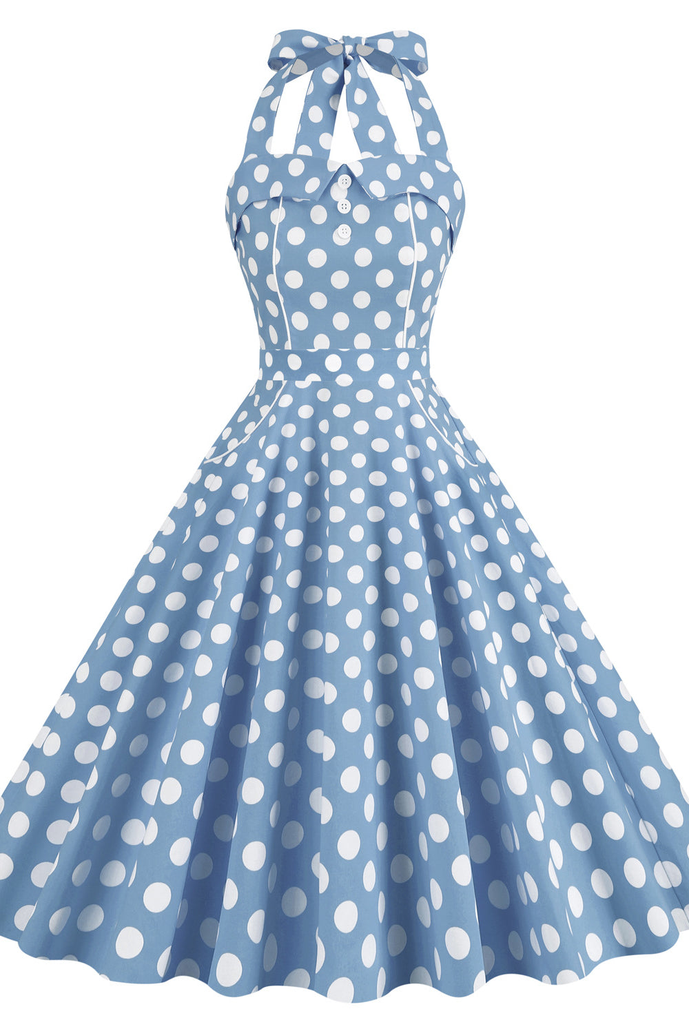 Light Blue 1950s Polka Dots Halter Big Swing Dress