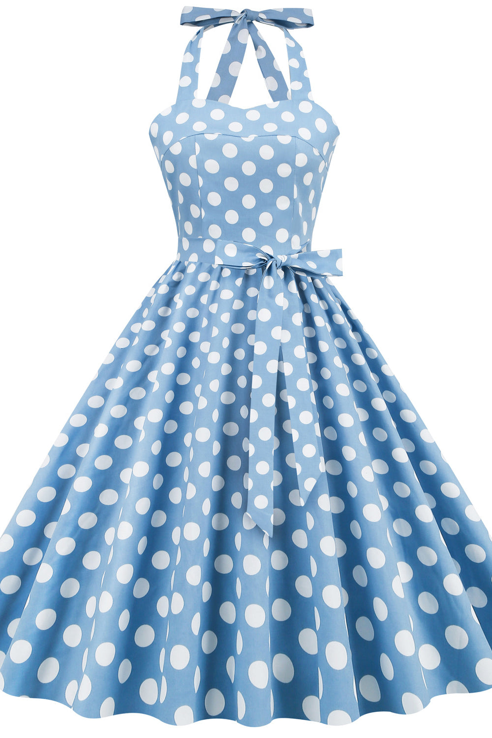 Light Blue 1950s Polka Dots Halter Swing Dress