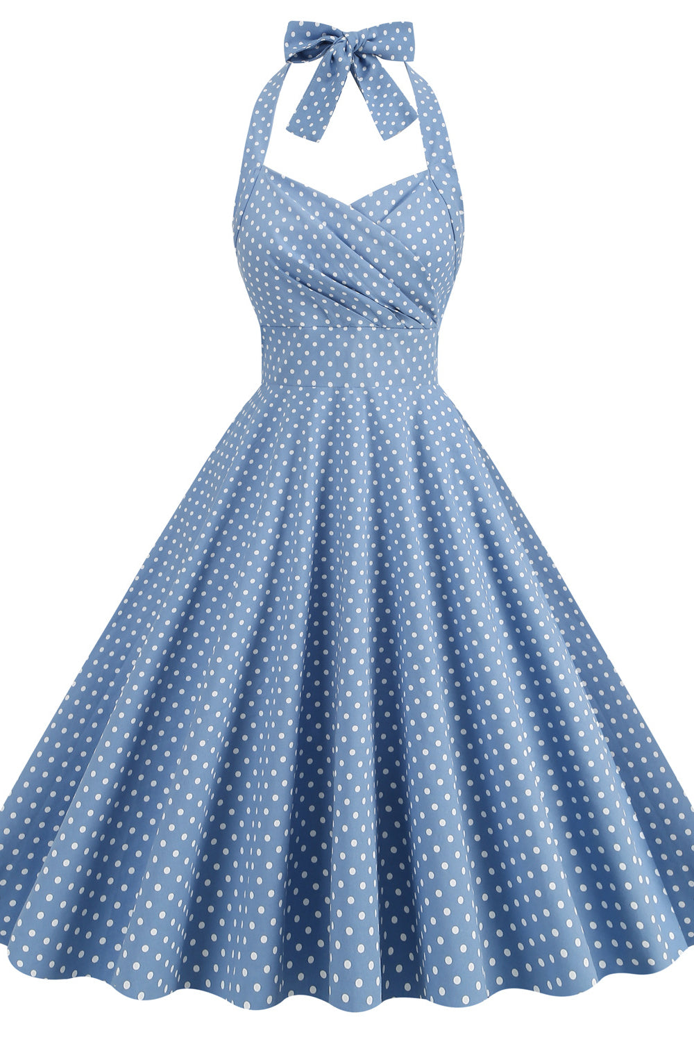 Light Blue 1950s Polka Dots Ruched Halter Swing Dress